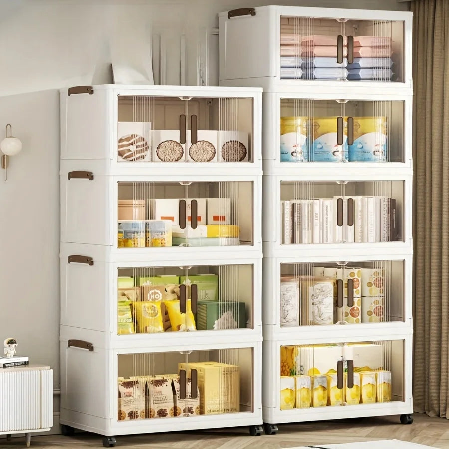 4/5-Tier Heavy-Duty Plastic Folding Storage Cabinet with Lid - Foldable & Stackable Shelving Unit, Wheeled Container Suitable fo