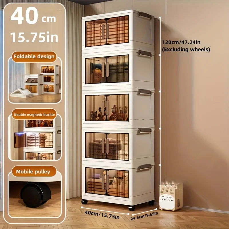 4/5-Tier Heavy-Duty Plastic Folding Storage Cabinet with Lid - Foldable & Stackable Shelving Unit, Wheeled Container Suitable fo