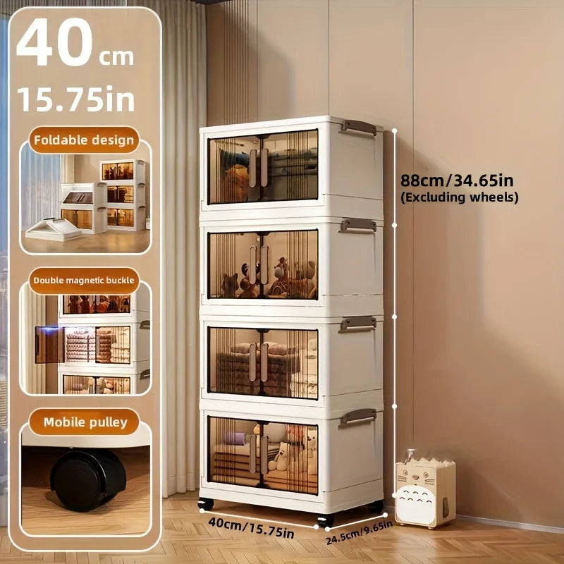 4/5-Tier Heavy-Duty Plastic Folding Storage Cabinet with Lid - Foldable & Stackable Shelving Unit, Wheeled Container Suitable fo