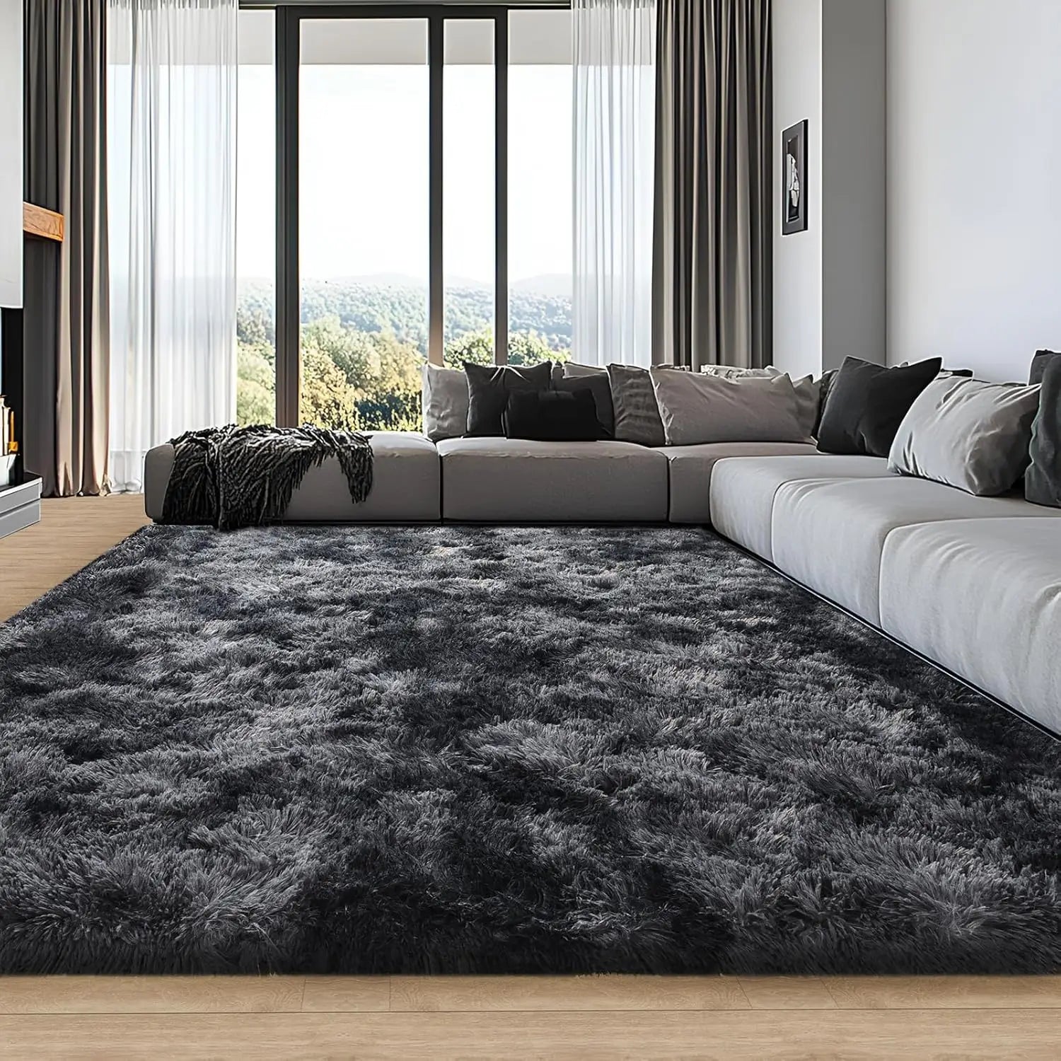 Soft Area Rugs for Living Room Non-Slip Thick Plush Carpets for Winter Tie-Dye Dark Gray Fluffy Artificial Velvet Soft Carpets